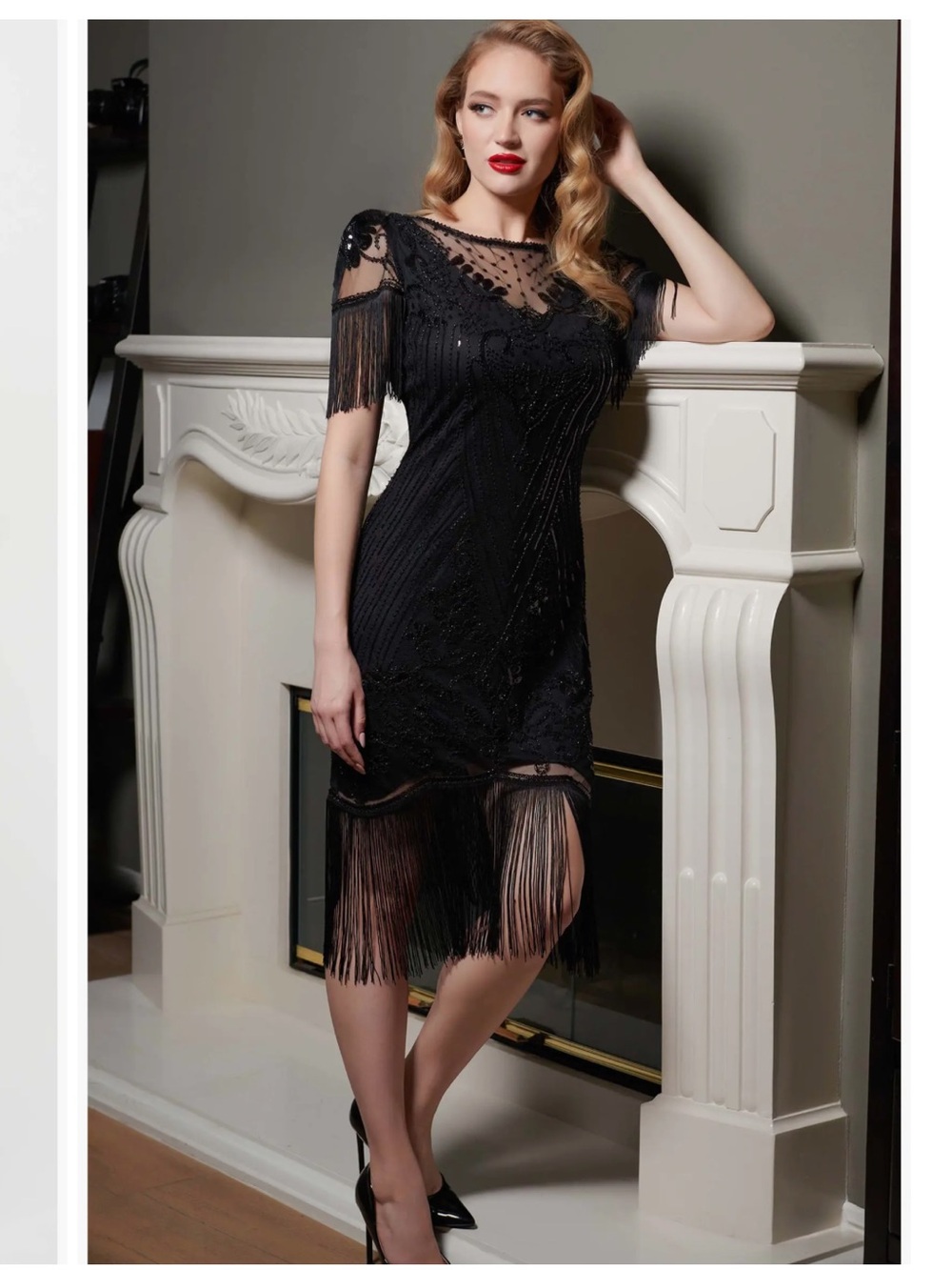 Unique Vintage Nadine Black Beaded Fringe Flapper Dress L 10/12 - Picture 3 of 7